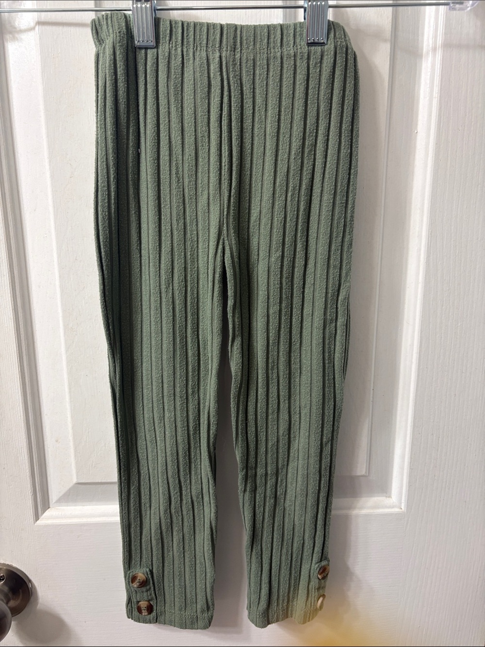 Nicole Miller Kids Ribbed Leggings in Sage Green with Button Hem